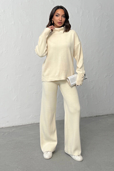 Lusin Women's Cream Sleeve Button Detailed Blouse Skirt Bottom Top Two-Piece Knitwear Set