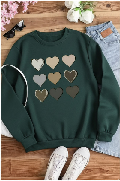 Trend Sizde Unisex Πράσινη Καρδιά με τύπωμα Φούτερ με λαιμόκοψη