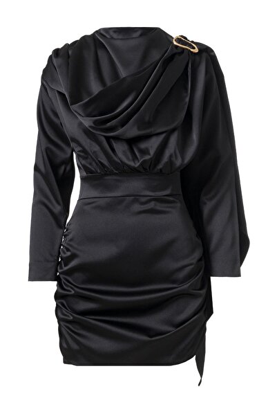 FACETTE Shawl Detail Satin Mini Dress Black