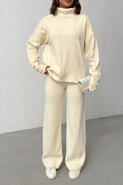 Lusin Women's Cream Sleeve Button Detailed Blouse Skirt Bottom Top Two-Piece Knitwear Set