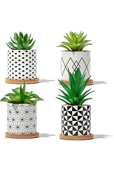 Arabest 4 Pack Succulent Plant Pots, Succulents in Pots With Bamboo Bases, for Offices, Homes, Bedrooms