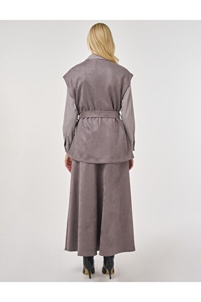Kayra Suede Skirt Suit with Belt Detail Smoked