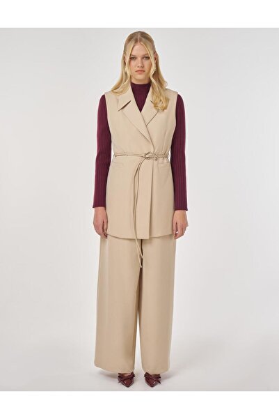 Kayra Leather Rope Belt Detailed Y Vest Set Set Stone