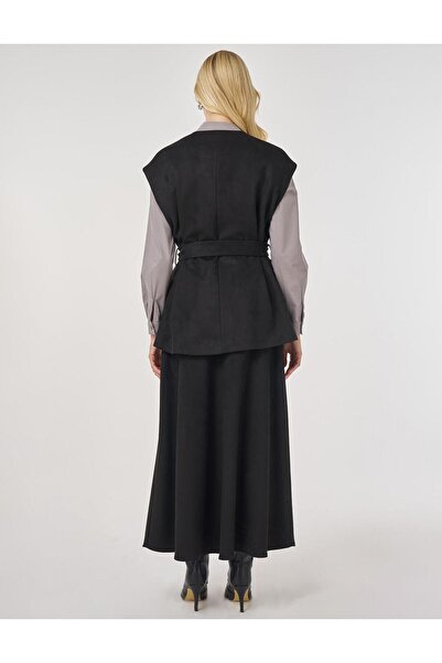 Kayra Suede Skirt Suit with Belt Detail Black