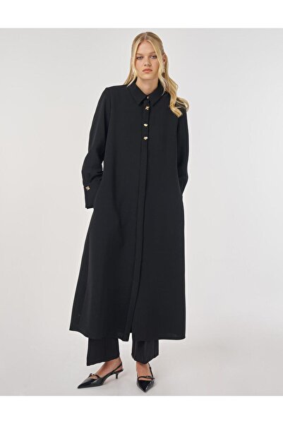 Kayra Shiny Buttoned Long Tunic Black
