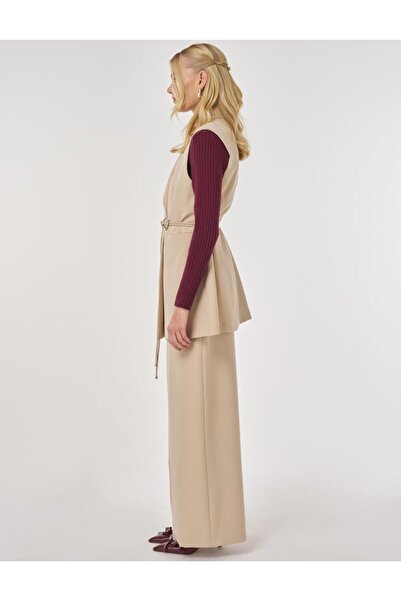 Kayra Leather Rope Belt Detailed Y Vest Set Set Stone