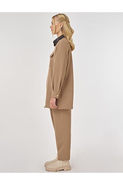 Kayra Leather Collar Comfortable Cut Double Suit Dark Mink