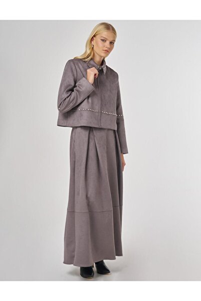 Kayra Trok Printed Suede Skirt Suit Smoked