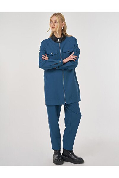 Kayra Leather Collar Comfortable Fit Two-Piece Suit Petrol