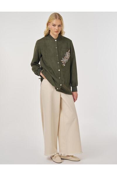 Kayra Embroidered Suede Tunic Dark Khaki