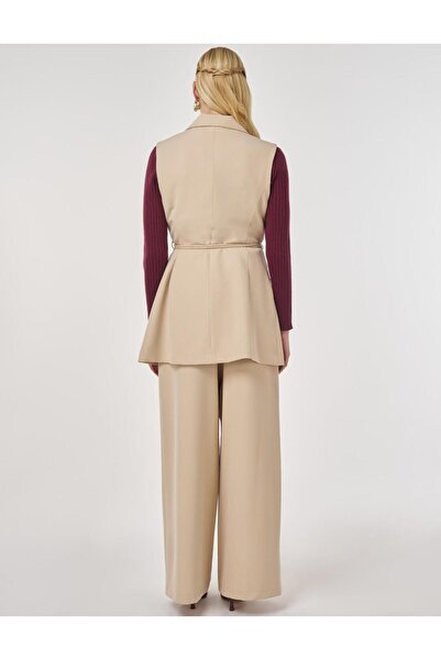 Kayra Leather Rope Belt Detailed Y Vest Set Set Stone