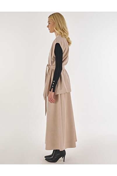 Kayra Suede Skirt Suit with Belt Detail Mink