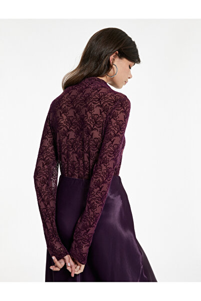 Koton Slim Fit Long Sleeve Lightweight Mock Neck Transparent Lace T-Shirt