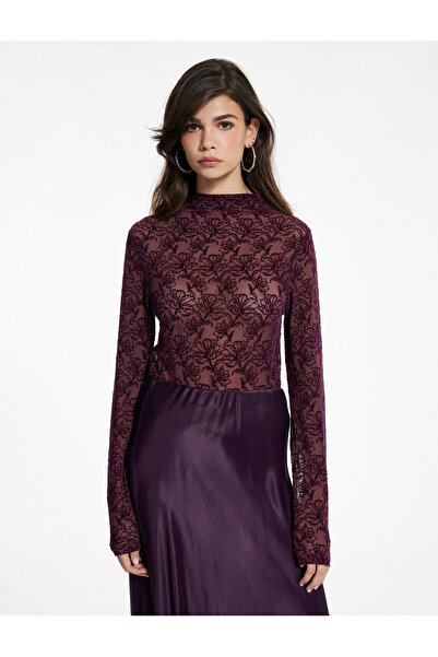 Koton Slim Fit Long Sleeve Lightweight Mock Neck Transparent Lace T-Shirt