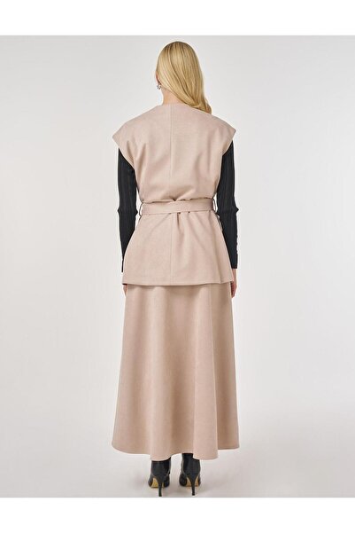 Kayra Suede Skirt Suit with Belt Detail Mink