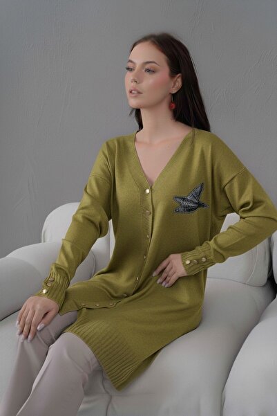 FLEX FASHION Women's Trend Thin Textured V-Neck 85 cm Pocketless Popular Long Cardigan