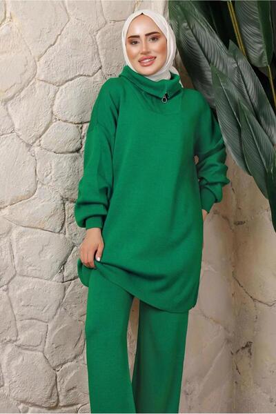 TRENDTESETTÜR Women's Green Zippered Knit Tunic t 4208-1