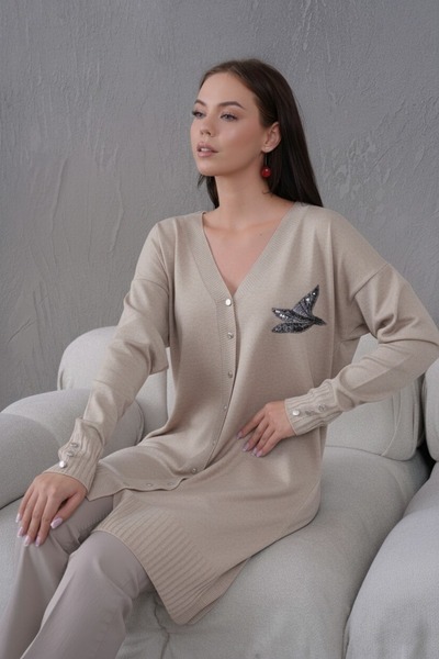 FLEX FASHION Women's Trend Thin Textured V-Neck 85 cm Pocketless Popular Long Cardigan