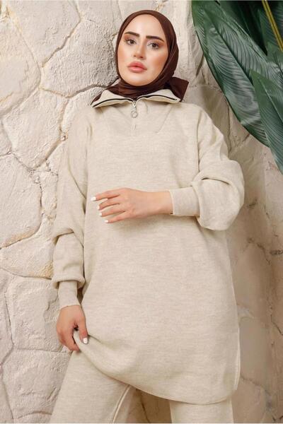 TRENDTESETTÜR Women's Beige (Stone) Zippered Knit Tunic t 4208-1