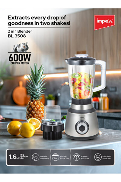 İMPEX BL3508 2in1 Blender 600W Copper Motor 1.6L Unbreakable Jar Ice-Crush Blade 2Y Warranty