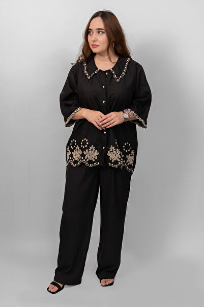 LINELLE Ladies Co-Ord Set – Soft Crepe Black Shirt with Floral Embroidery and Scallop Detailing, Solid Pant