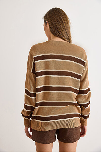 Olalook Women's Beige Brown Striped Oversized Knitwear Cardigan Hrk-19000446