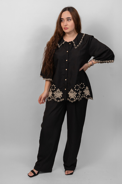 LINELLE Ladies Co-Ord Set – Soft Crepe Black Shirt with Floral Embroidery and Scallop Detailing, Solid Pant