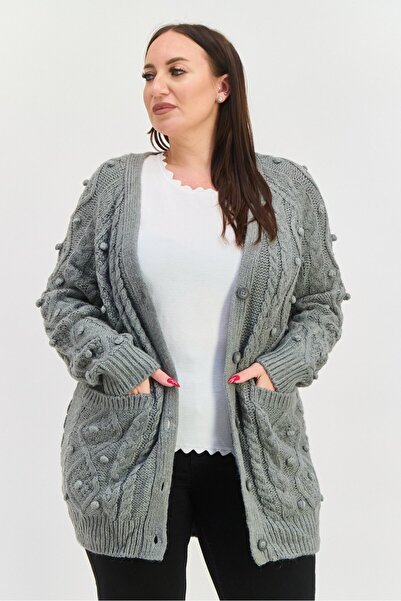 Black Tape Women Plus Size Split Neck Open Front Knitted Cardigans, Steel Grey