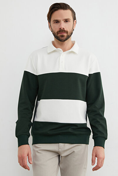 Fulla Moda Color Block Polo Neck Half Button Sweatshirt