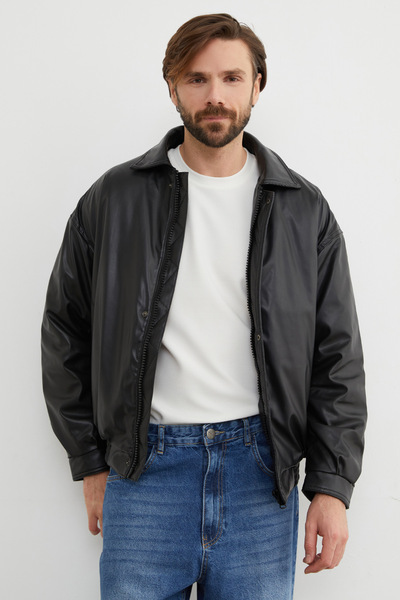 Fulla Moda Faux Leather Polo Collar Bomber Jacket