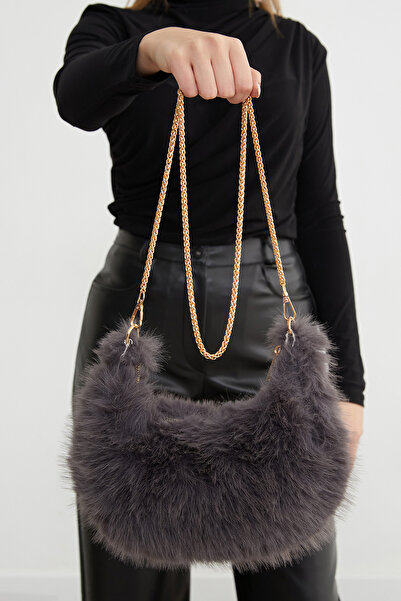 Fulla Moda Faux Fur Handbag with Chain Strap and Zipper Closure