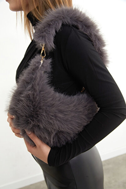 Fulla Moda Faux Fur Handbag with Chain Strap and Zipper Closure