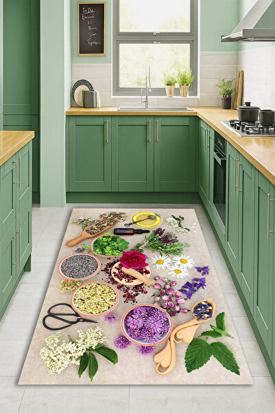 Kessy Home Studio Baharat Desenli Mutfak Halısı Dijital Baskı Kaymaz Taban Halı Makinede Yıkanabilir Yolluk Halısı