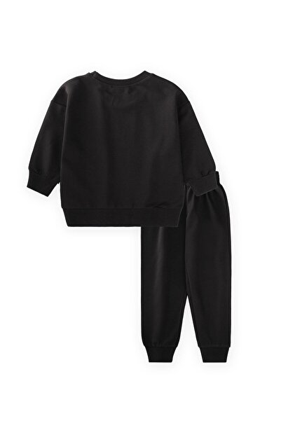 Cigit Low Sleeve Printed Tracksuit Set 2-7 Years Black