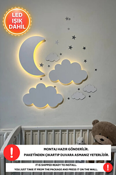 Dekorvin 2 Bulut 1 Ay Dede Set Gece Lambası Bebek Çocuk Odası Duvar Dekorasyonu Aydınlatma Ahşap Gece Lambası