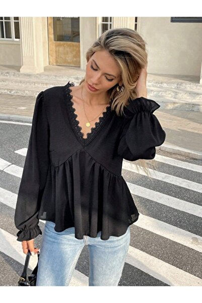 ARONA Women's Long Sleeve V Lace Neck Aerobin Blouse