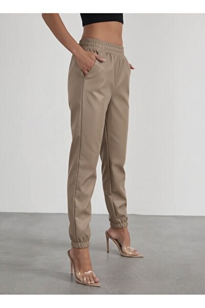 Kanonik Education Women's High Waist Elastic Front Buttoned Leather Pants