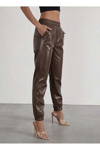 Kanonik Education Women's High Waist Elastic Front Buttoned Leather Pants