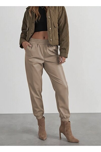 Kanonik Education Women's High Waist Elastic Front Buttoned Leather Pants