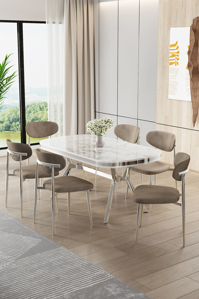 Canisa Olya Serisi 90x168 Lak Panel Beyaz Mermer DesenMasa Takımı Krom Ayaklı...