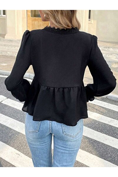 ARONA Women's Long Sleeve V Lace Neck Aerobin Blouse