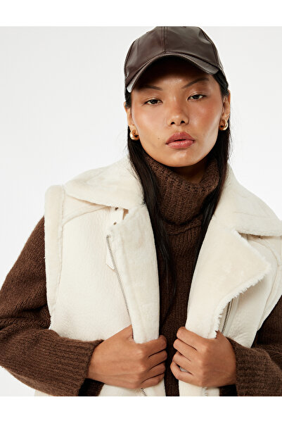 Koton Leather-Look Sleeveless Biker Vest with Faux Fur Collar and Zipper