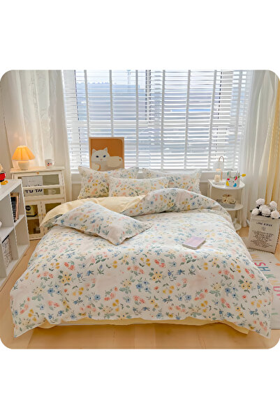 Shangxing 4-Piece Cotton Bedding Set 200×230cm Yellow Floral Print, Includes Duvet Cover, Sheet & Pillowcases