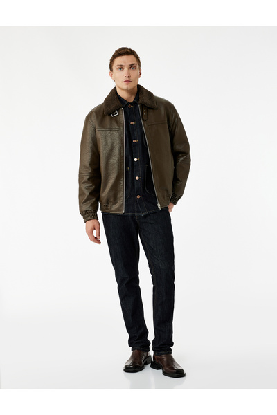 Koton Μακρυμάνικο μπουφάν από συνθετικό δέρμα με φερμουάρ και λεπτομέρεια τσέπης με βελούδινο γιακά