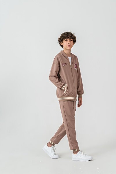 Mışıl Kids Ανδρικό κολεγιακό σετ αθλητικής φόρμας Ust Onler με ριγέ ριμπάνα και κέντημα στο κάτω μέρος