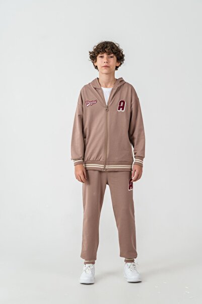 Mışıl Kids Ανδρικό κολεγιακό σετ αθλητικής φόρμας Ust Onler με ριγέ ριμπάνα και κέντημα στο κάτω μέρος