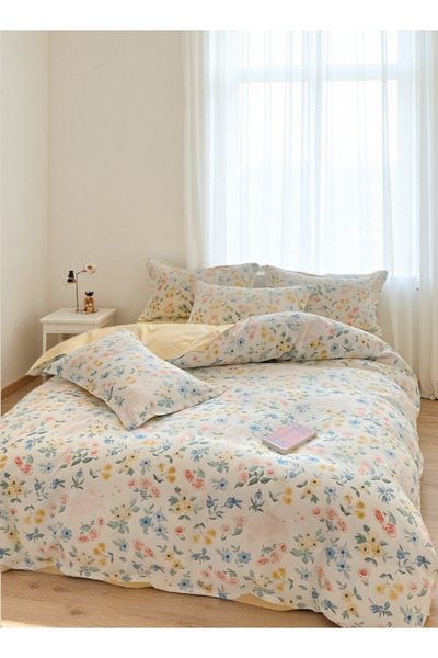 Shangxing 4-Piece Cotton Bedding Set 200×230cm Yellow Floral Print, Includes Duvet Cover, Sheet & Pillowcases