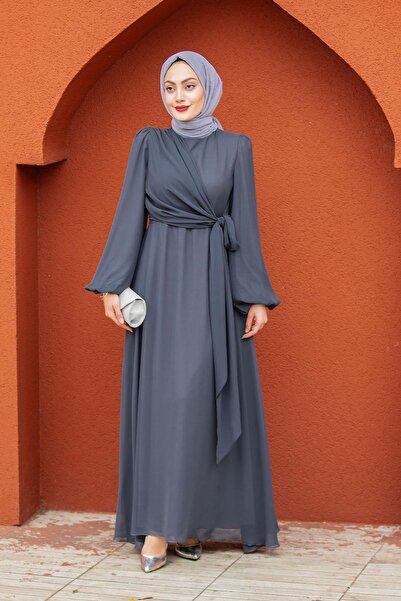 Tesettür Çarşım Narin Mat Şifon Tesettür Abiye-Antrasit