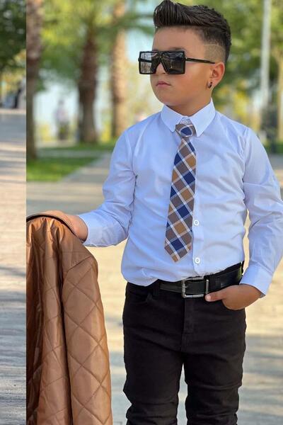 Riccotarz Boys' Classic Shirt with Tie Quilted Tan Coat Slim Pants Cut Pants Bottom Top Set