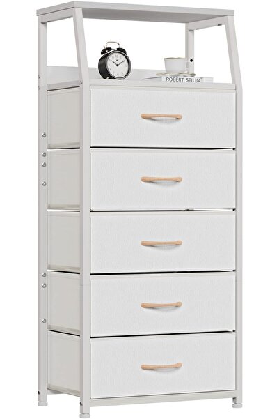 Gogoya 5-Drawer Fabric Dresser Vertical Storage Tower with Wooden Top & Steel Frame (White)